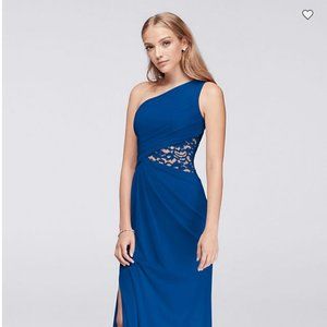 NWT David's Bridal One-Shoulder Mesh Dress with Lace Inset; Horizon; 12